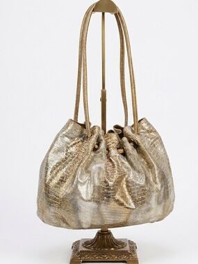 Chez by Cheryl Nordstrom Snake Embossed Gold Metallic Drawstring Shoulder Bag